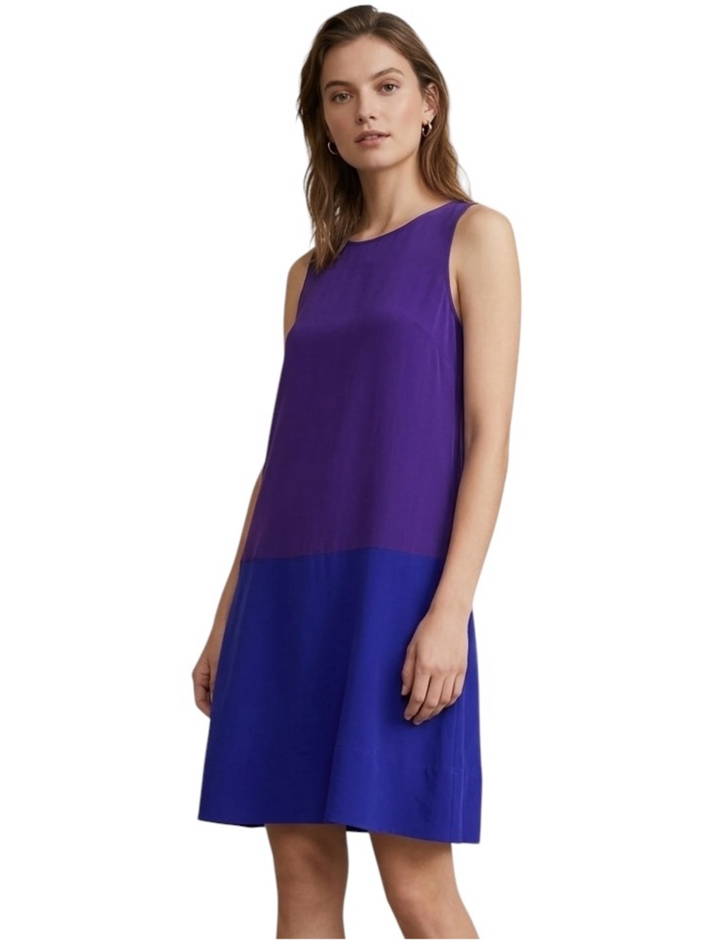Club Monaco 100% Silk Colorblock Blue Purple Drop-Waist Shift Midi Dress Size 2